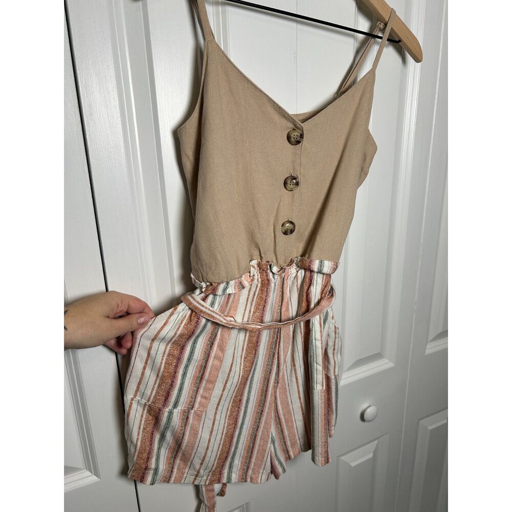 Lily Rose Striped Linen Blend Button Front Romper Size M